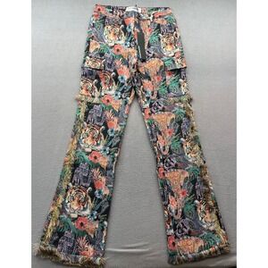 Rockstar Original Pants Womens Sz M Tiger Floral Cargo Tapestry Fringe Festival